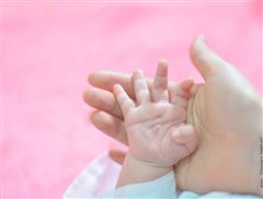 Gros plan sur fond rose une main de nourrisson tenue tendrement par une main de son parent