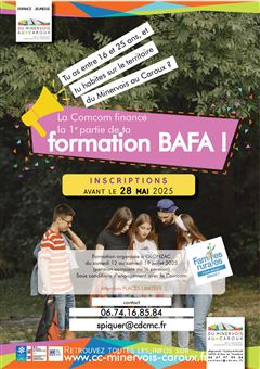 Affiche de promotion du stage BAFA financé pour 2025 par la Communauté de communes du Minervois au Caroux